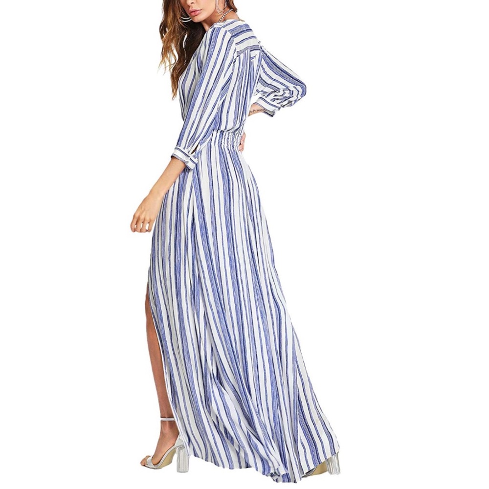 Button Up Split Flowy 3/4 Sleeves Maxi Dress - Picture 2 of 6